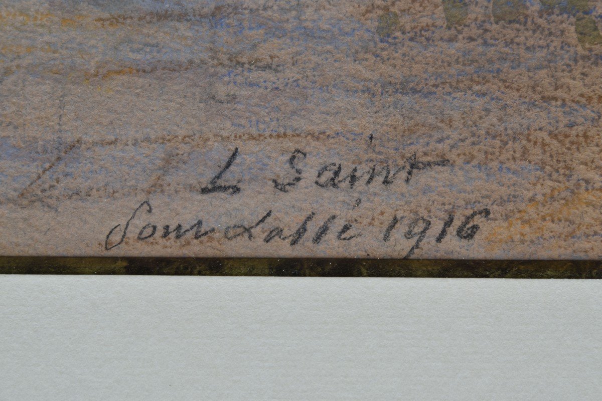 Louise Saint "rue Animée à "pont Labbé"" 1916 Pastel 34x38-photo-3